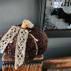 Knit Sweater Pumpkin Pillow Pouf, Upcycled Brown Chenille with Vintage Lace